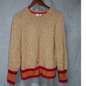 GAP Tan Knit Sweater with Pink & Orange Stripe Hem M